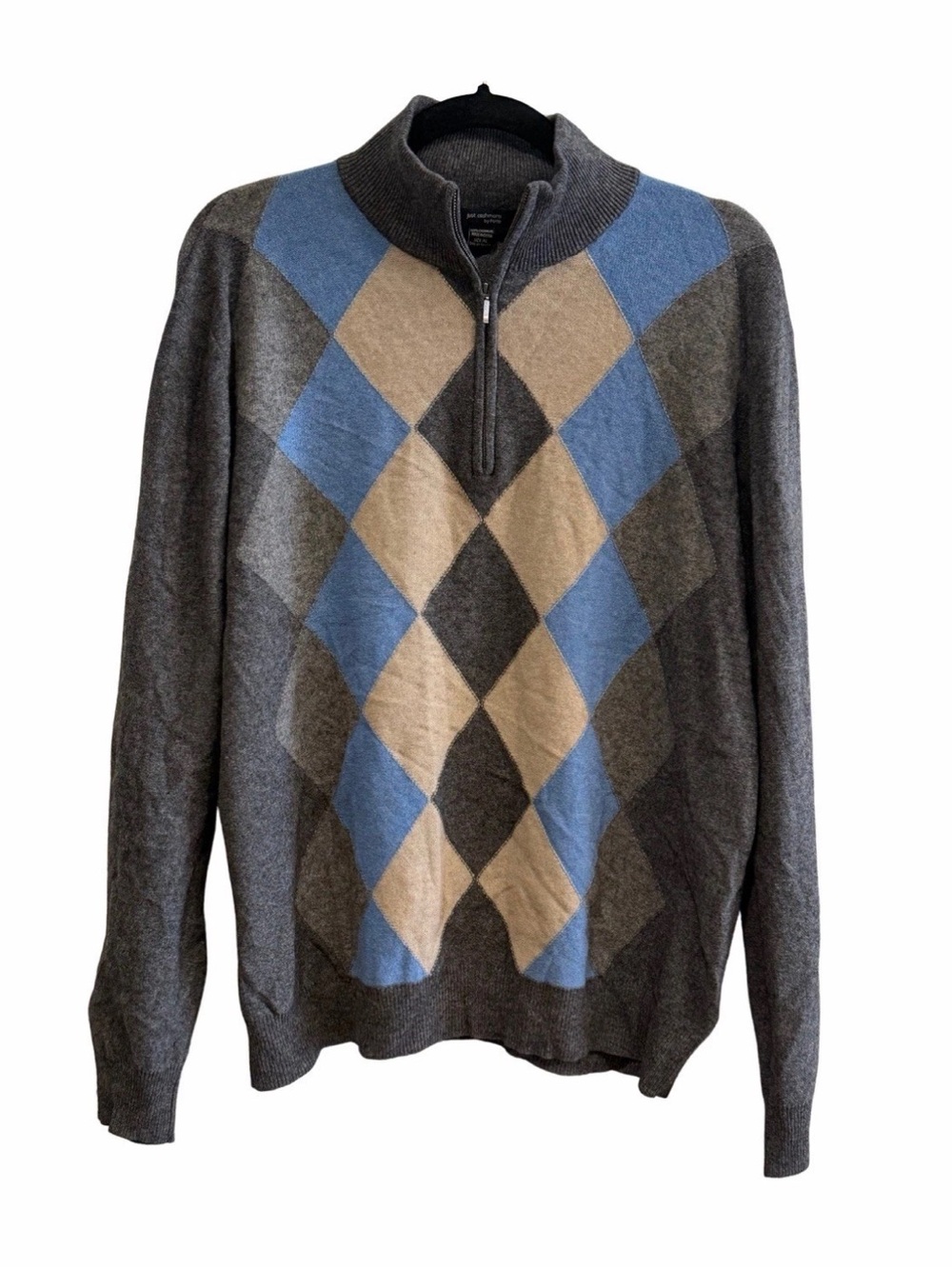 Forte Cashmere Men's Gray Argyle Half-Zip Sweater with Blue and Tan Diamonds